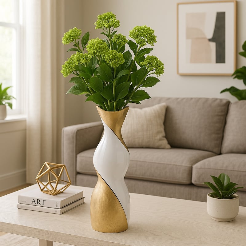 Contemporary Ceramic Twisted Vase -White and Gold Floral Vase