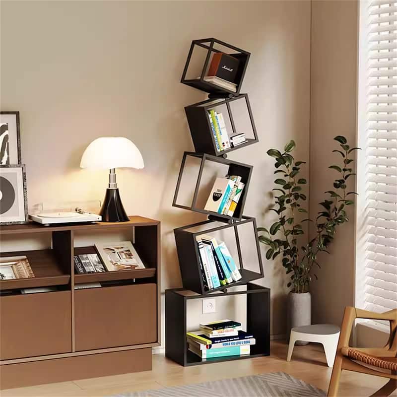 Modern Corner Bookshelf, Asymmetric Iron Display Stand - Black