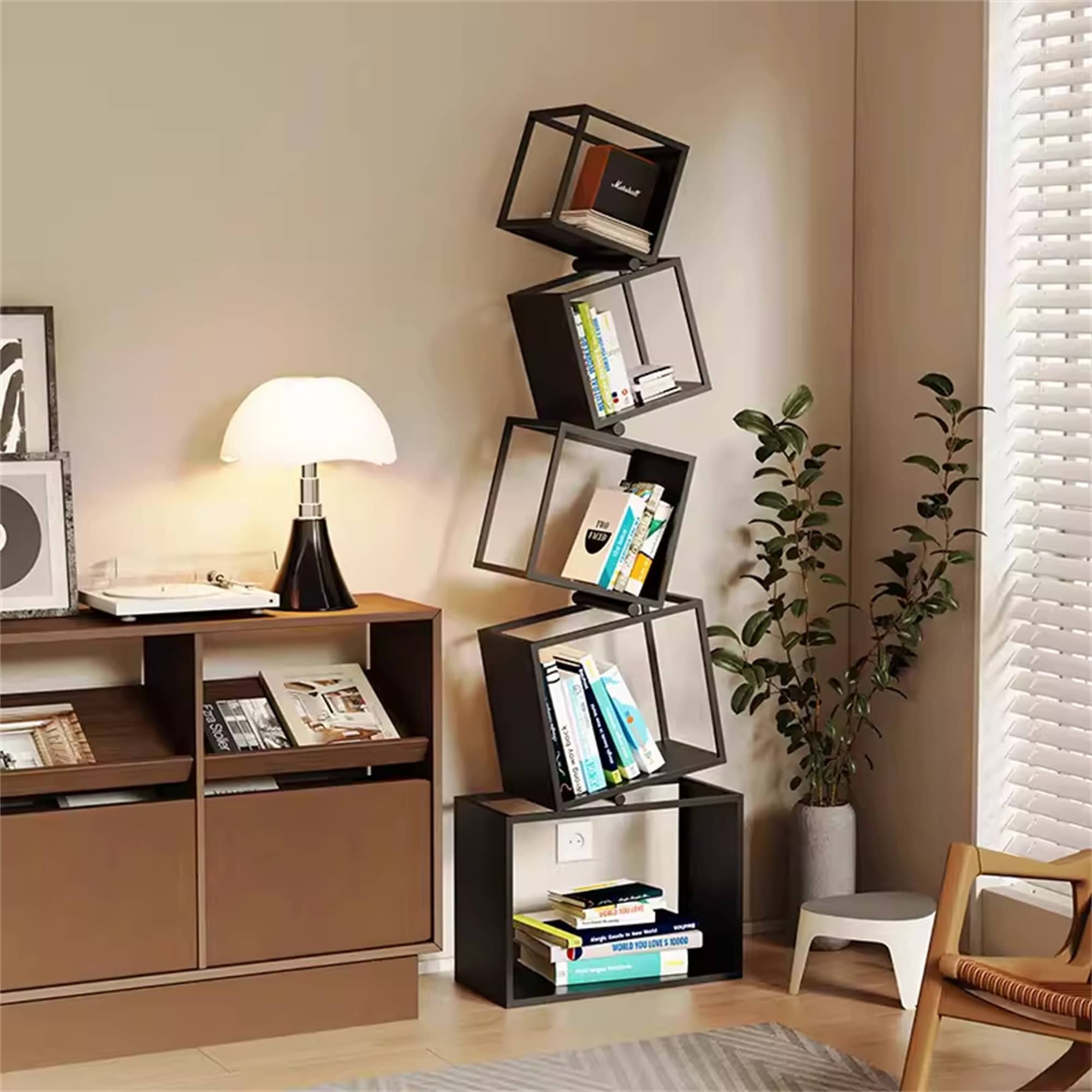 Modern Corner Bookshelf, Asymmetric Iron Display Stand