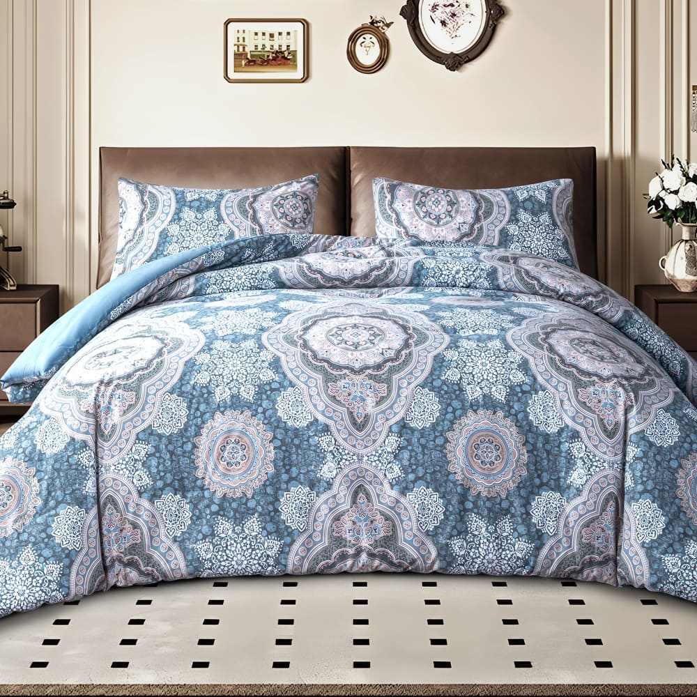 3-Piece 100% Cotton Comforter Set, Flower Pattern Printed Comforter and 2 Pillowcases for All Season