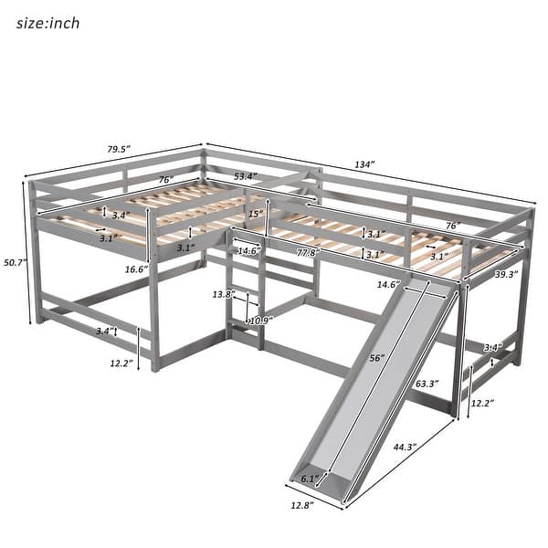 dimension image slide 0 of 2, Full and Twin Size L-Shaped Bunk Bed with Slide and Short Ladder,Easy Assembly,White