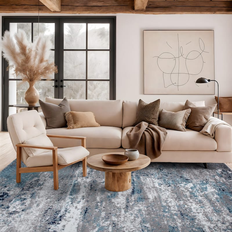 World Rug Gallery Distressed Abstract Watercolor Area Rug - 5' x 7' - Blue