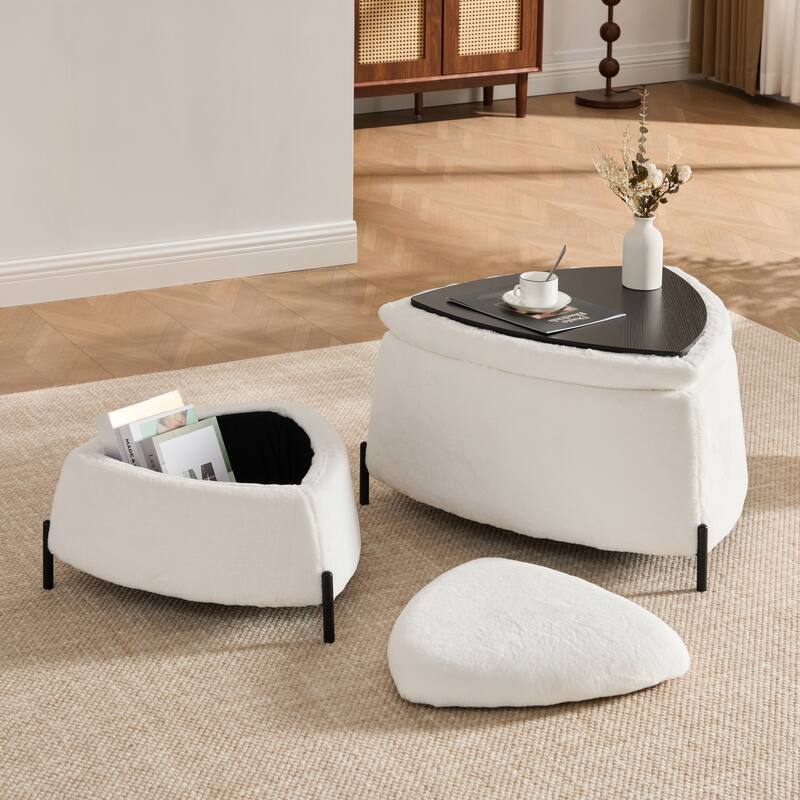 2-Pieces Upholstered Storage Ottoman Set With Reversible Lid And Metal Legs