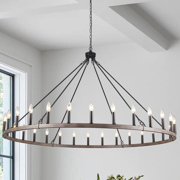 Farmhouse Wagon Wheel Chandelier - 48in, 24-Light, Adjustable Chain, Black Rustic For Entryway Or Living Room