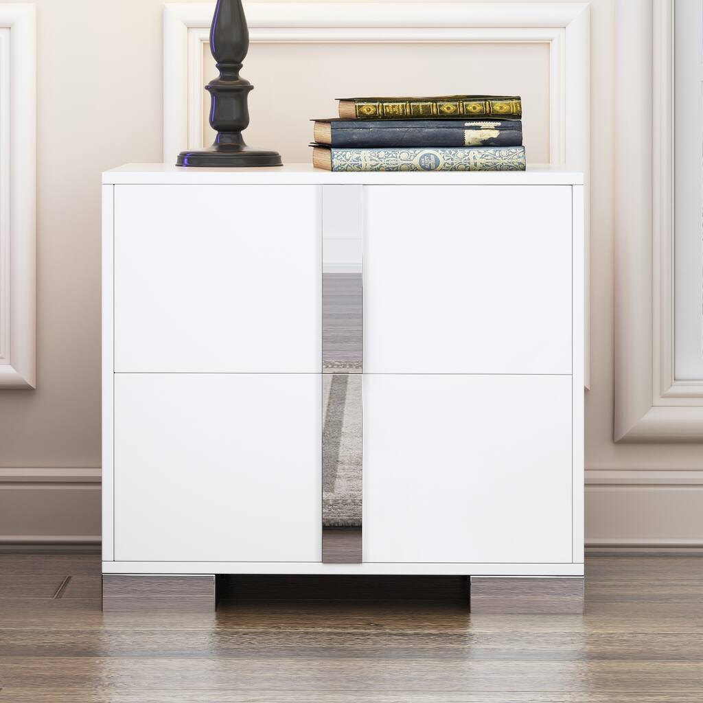 Elegant White Nightstand with Metal Foot and 2 Drawers for Bedroom or Living Room