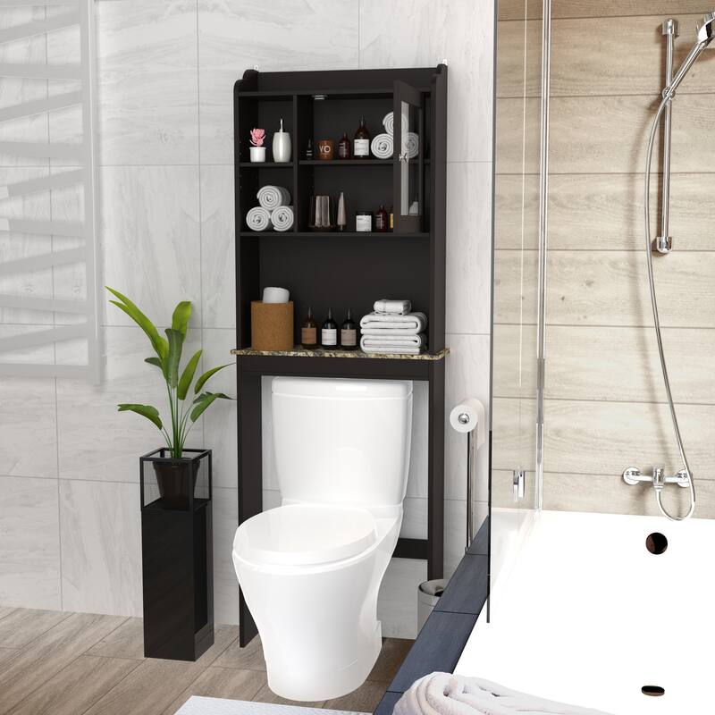 Over The Toilet Storage Cabinet with Open Shelves, Side Floor Organizer Toilet Paper Cabinet with Glass Door