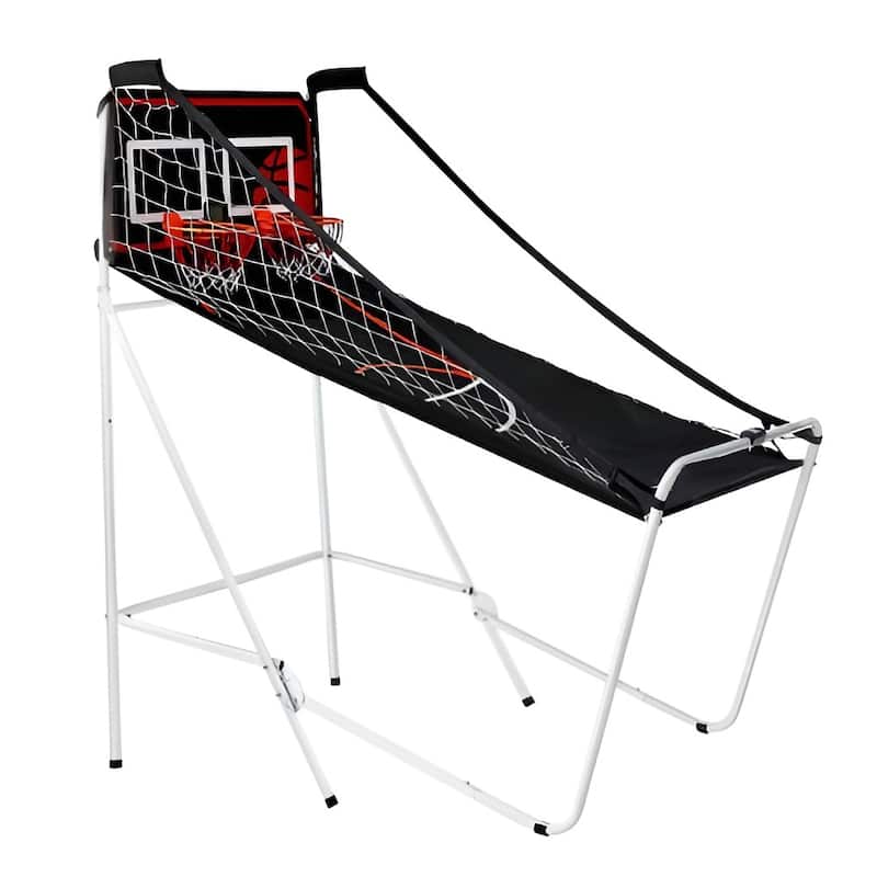 Black-White Steel Basketball Arcade Game with Dual Hoops and 8 Game Modes - 56” L x 33” W x 63” H