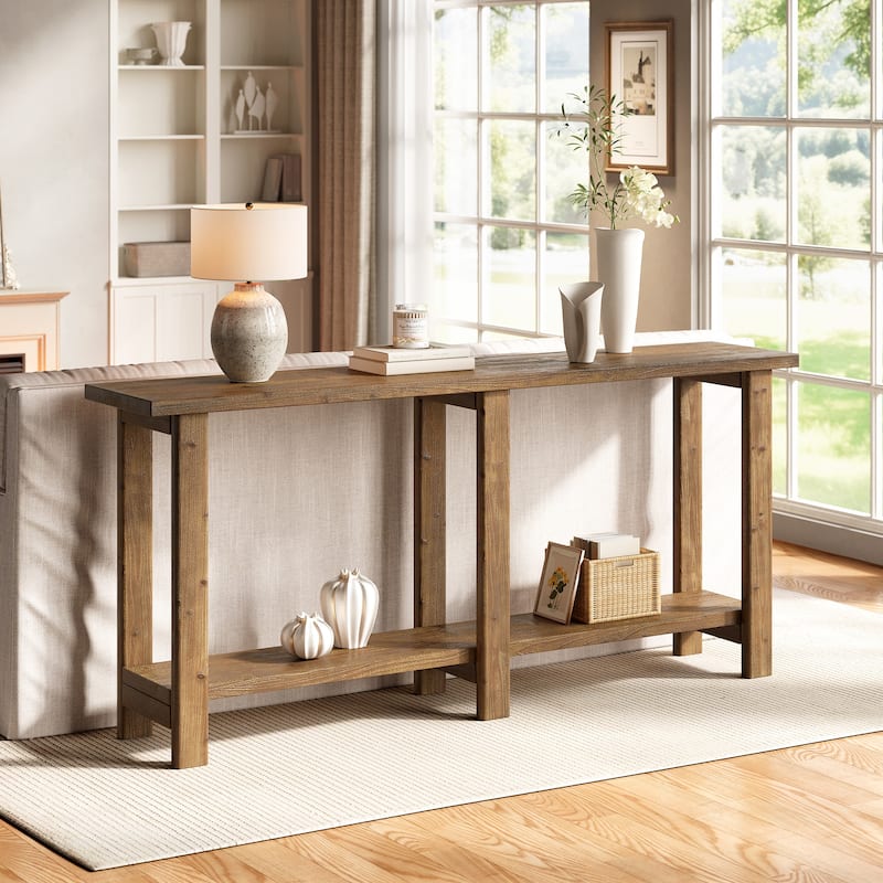70.8 Inch Solid Wood Console Table with Storage Shelf - 11.8"D x 70.9"W x 31.8"H - Brown