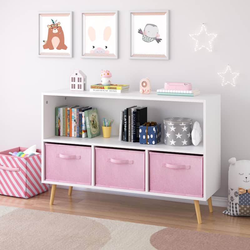 Anmytek White and Pink Kids Bookcase Toy Storage Organizer Cabinet with Fabric Drawers