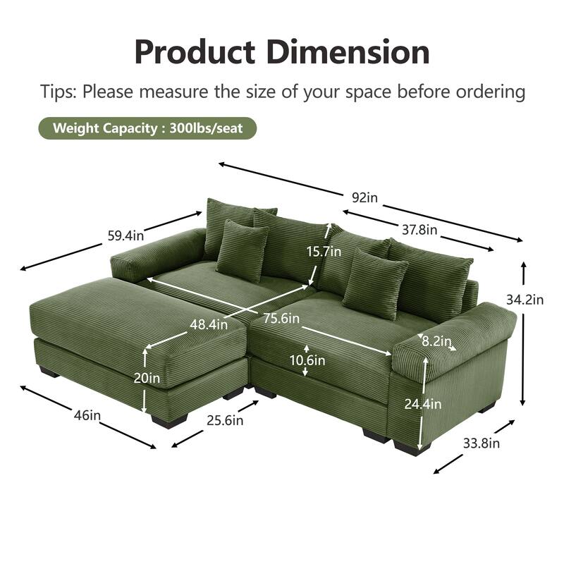 GDFStudio - Corduroy 2-Seater 92" Cloud Modular Sectional Couch with Ottoman