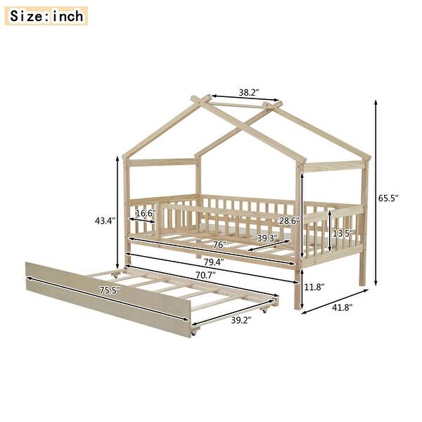 Twin Size Wooden House Bed with Twin Size Trundle and Headboards, Space-Saving Design, Solid Pine Construction