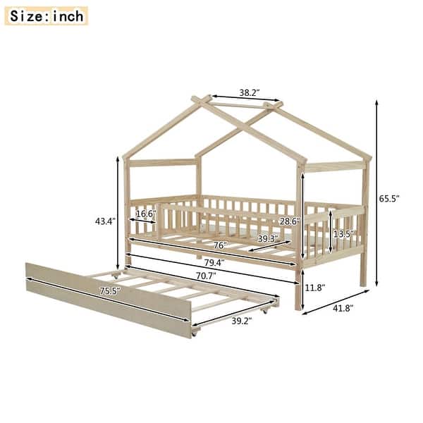 dimension image slide 3 of 4, Twin Size Wooden House Bed with Twin Size Trundle and Headboards