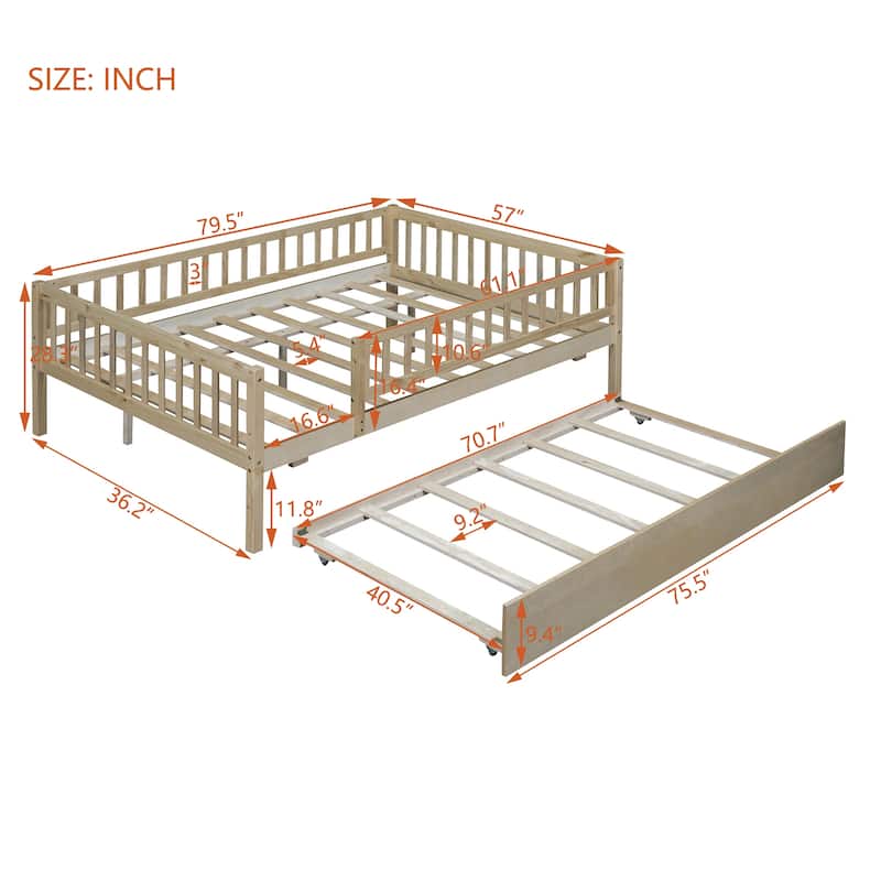 Wooden Twin/Full Daybed with Trundle and Fence Guardrails, No Box Spring Needed