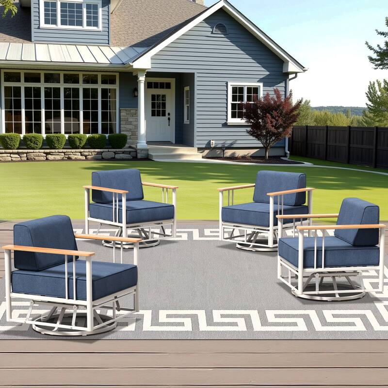 Outdoor Patio Funiture Set with Extra-Thick Seat cushion - White & BLue Cushion - 4PCS Glider Chairs