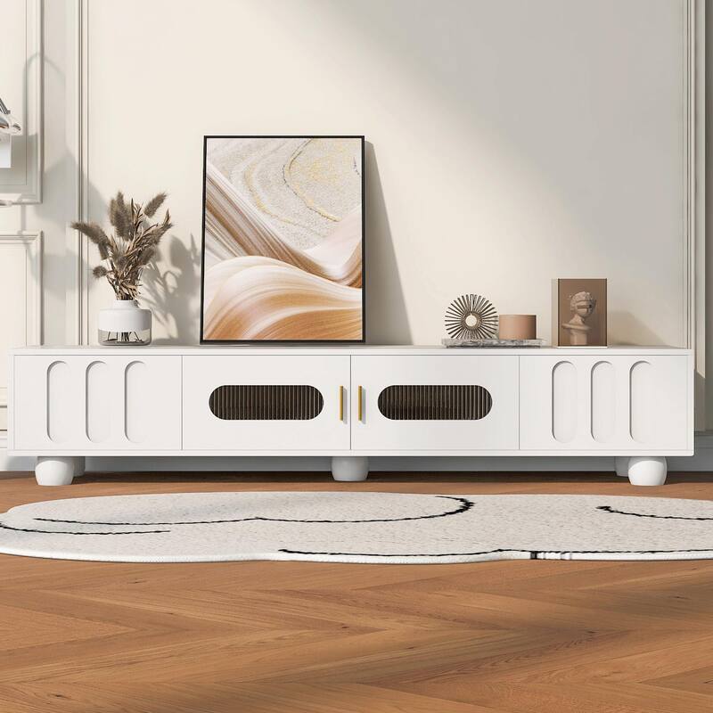 Contemporary TV Stand with Glass Door, 2 Drawers, Cabinets & Solid Wood Legs