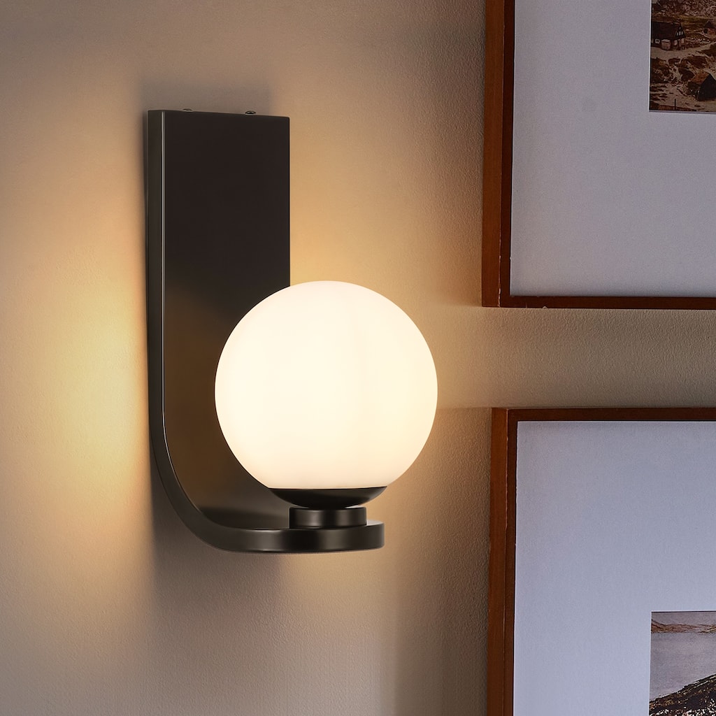 1-Light Modern Black Metal Wall Mount Lighting with White Opal Globe Glass - 5.91 in. W x 11.81 in. H x 7.48 in. D
