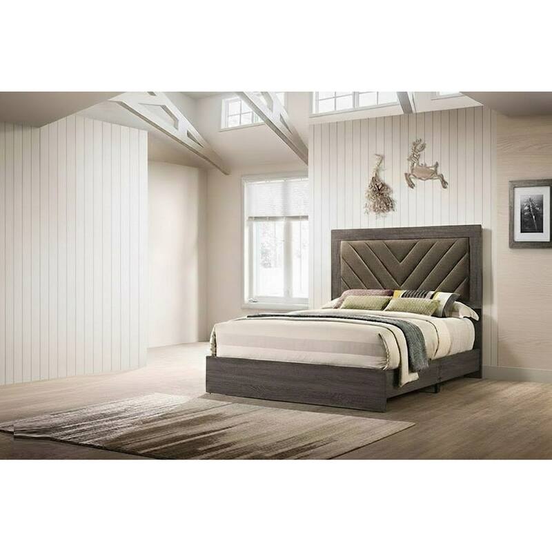 Contemporary Style 1pc Bed Set V-design Padded Upholstered Headboard Platform bed Gray Finish Bedroom Furniture