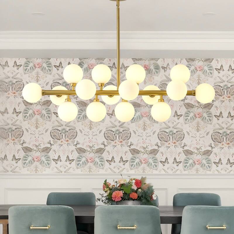 Mid-Century Modern Sputnik Chandelier 16-Light Adjustable Brass Pendant with Glass Globes for Dining Rooms - 34.7in - Gold/White