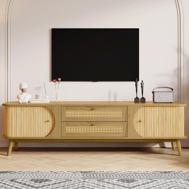 66" Rattan TV Stand with Solid Wood Doors for TVs Up to 75", Rustic Farmhouse Entertainment Center