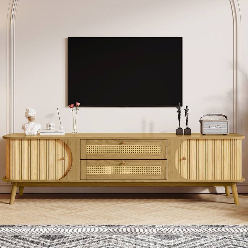 Rattan TV Stand for TVs up to 75'', Modern Farmhouse Media Console, Entertainment Center with Solid Wood Legs