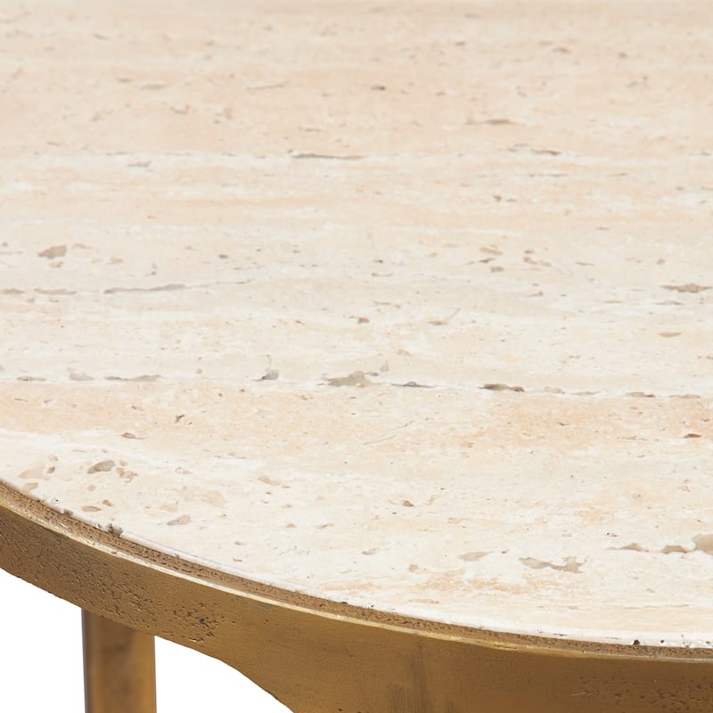 Travertine Side Table - 23.25" - Antique Brass Finish