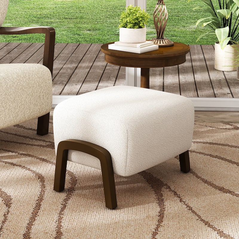 Boucle Upholstered Ottoman with Wooden Legs - White Versatile Home Accent