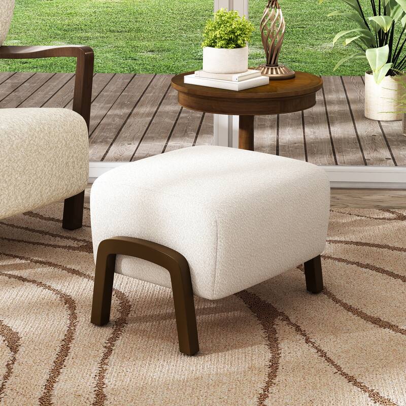 Roomfitters Upholstered Boucle Ottoman with Curved Wooden Legs, Modern Accent Footrest or Stool
