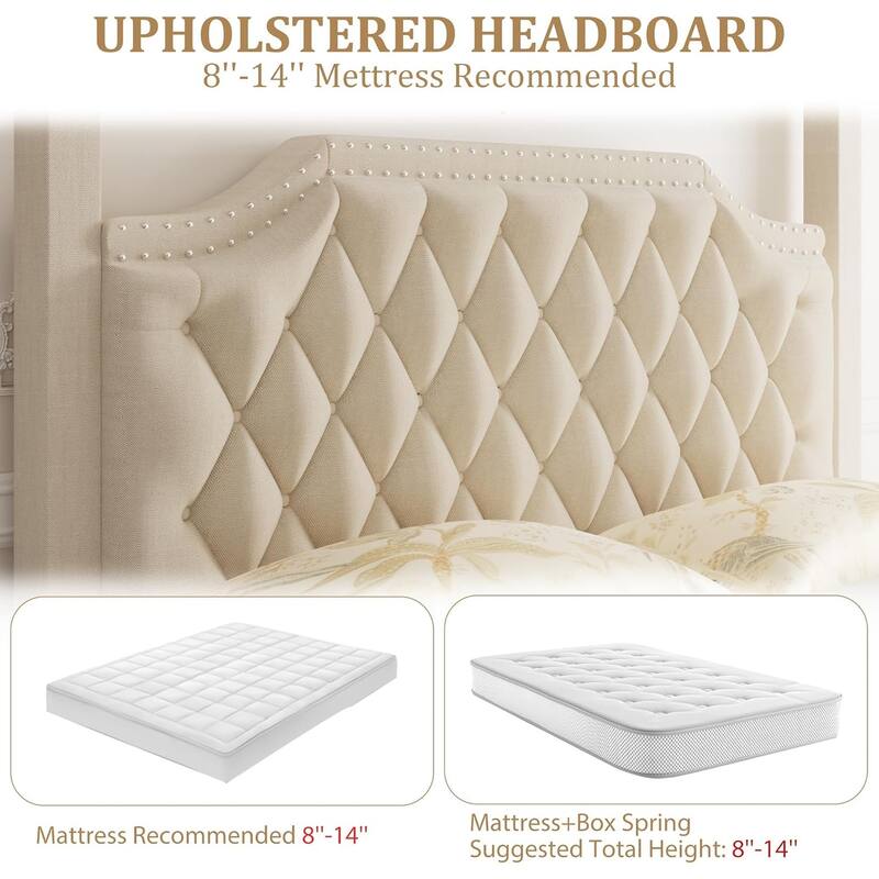 Canopy Platform Bed with Tufted Upholstered Headboard, Four-Poster Frame & Slide Rail, No Box Spring Needed