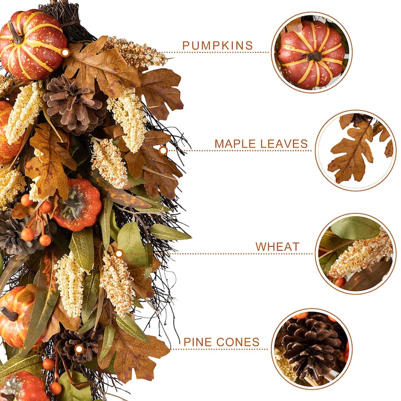Glitzhome Fall Pumpkin Leaf Pine Cones Floral Swag Wreath Garland Thanksgiving Decor
