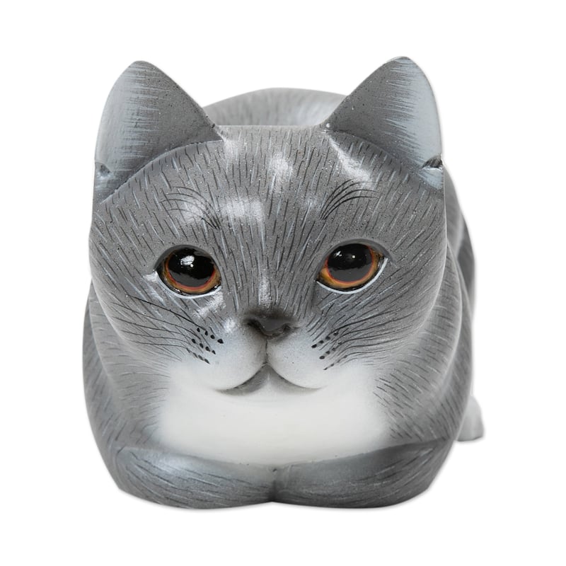 Novica Handmade Grey Kitty Wood Figurine