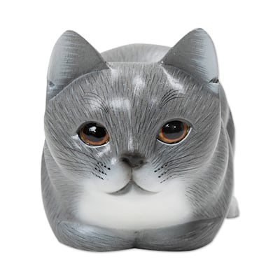Novica Handmade Grey Kitty Wood Figurine