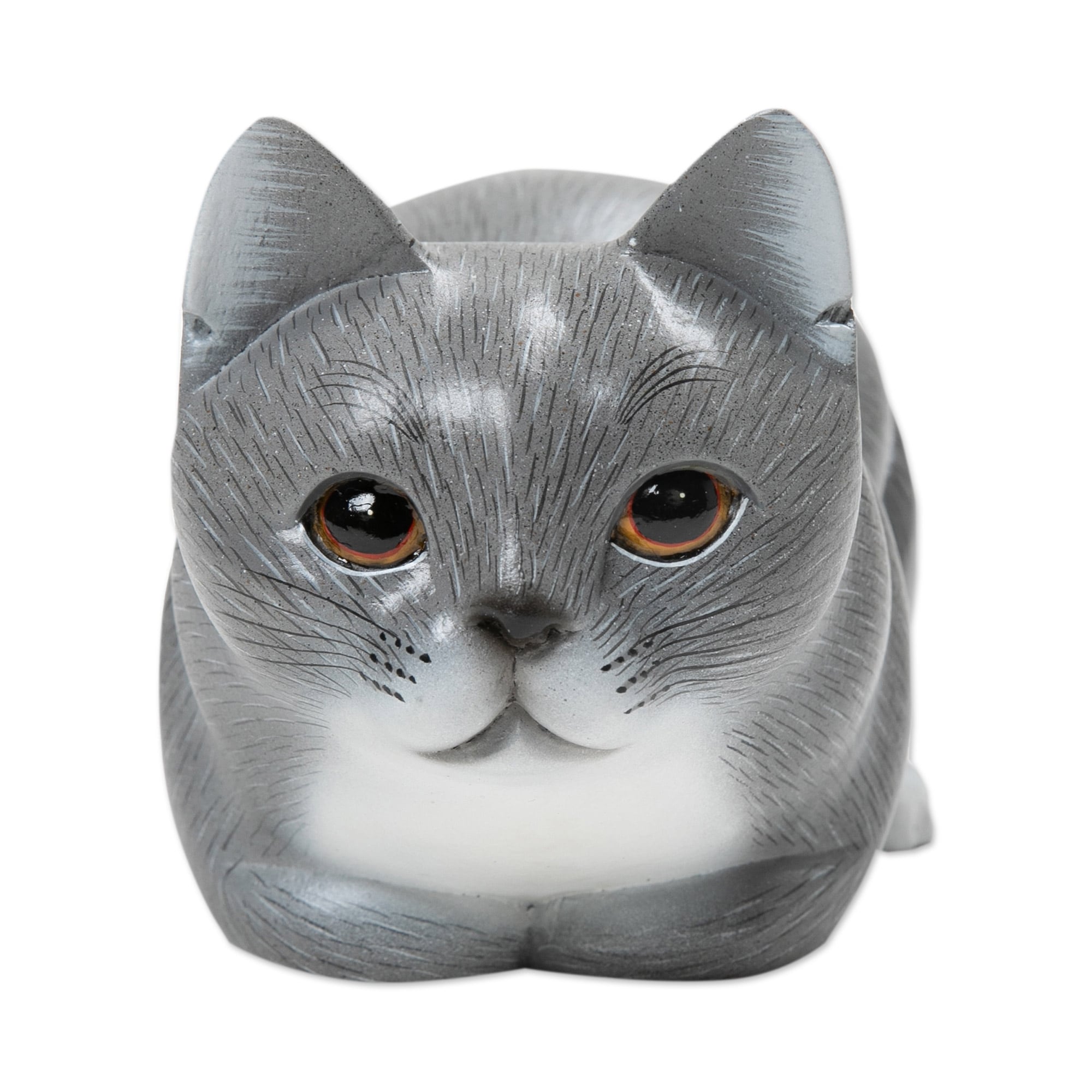 Novica Handmade Grey Kitty Wood Figurine