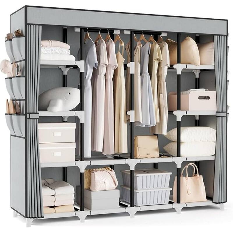 Portable wardrobe for hanging clothes, sturdy hanger with cover, 2 hanging rails, 12 shelves, 6 pockets. - Grey