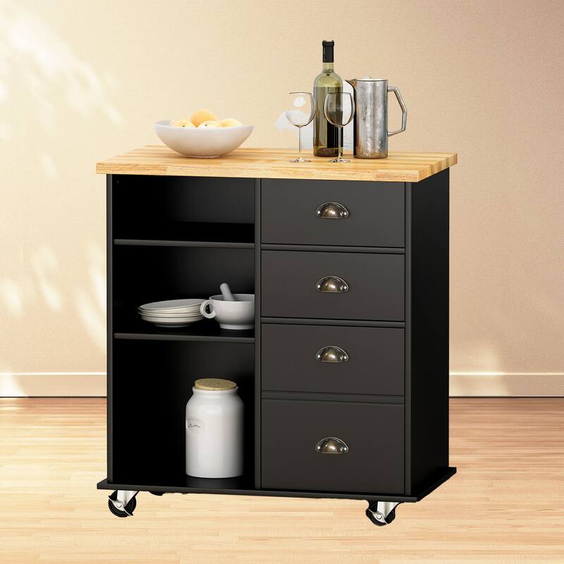 Multi-Functional Kitchen Cart with 2 Drawers, Cabinet, and Shelves - Rubberwood Top and Locking Wheels - Black