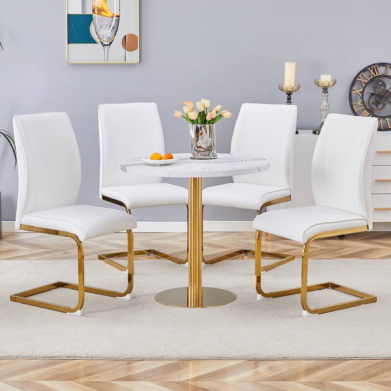 Modern 5-Piece Dining Set with White Marble Pattern Table and 4 PU Upholstered Chairs - Perfect for Small Spaces