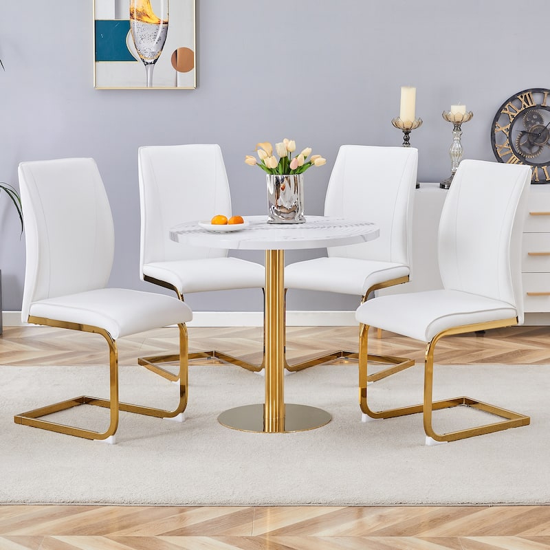 Roomfitters 5pcs Round White Marble Dining Table Set with High Resilience PU Dining Chairs