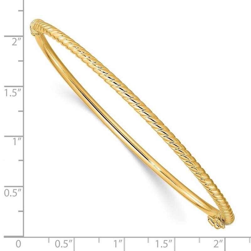 Curata 14k Yellow Gold 7" 2.5mm Polished Ribbed Hinged Bangle Bracelet