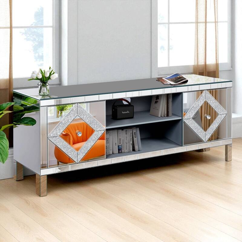 Mirrored TV Stand for 65+ Inch TVs, Silver Console Table with Diamond Crushed Mirror Doors & Storage Cabinets