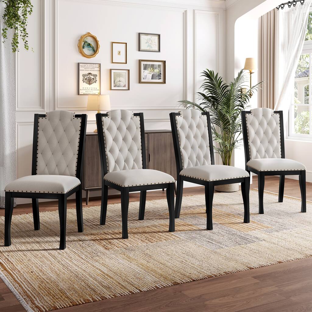 High Back Dining Chairs Set of 4, Upholstered Tufted Kitchen Chairs with Solid Wood Legs and Nailhead Trims
