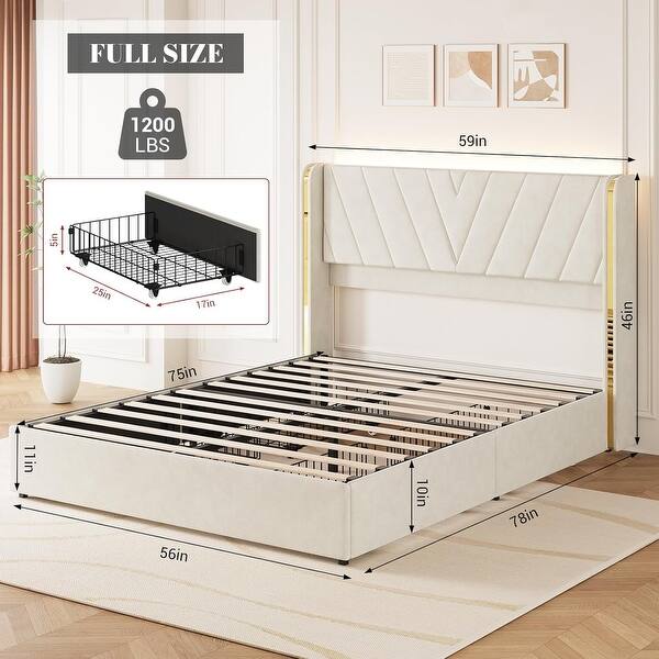 Upholstered Velvet Platform Bed Frame With Wingback Headboard and 4 ...