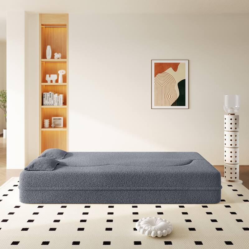 Anmytek Convertible Teddy Fabric Floor Sofa Bed Twin Size Folding Mattress with 2 Pillows Dark Grey