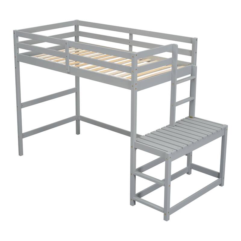 Grey Twin High Loft Bed with Ladder Landing Platform, Guardrails and Ample Underbed Space