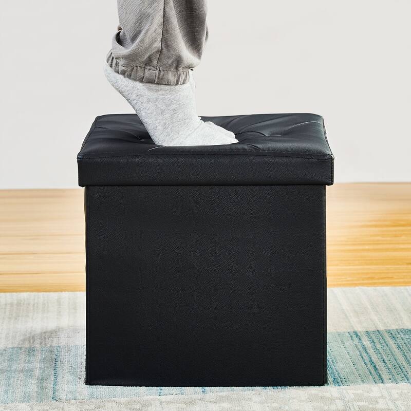 2 PC Storage Folding Ottoman, Storage Footrest Stool, Faux Leather Storage Bench Cube with Padded Seat for Small Space