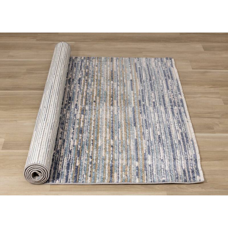 Cali Collection - Blue/White Distressed Texture Banded Rug