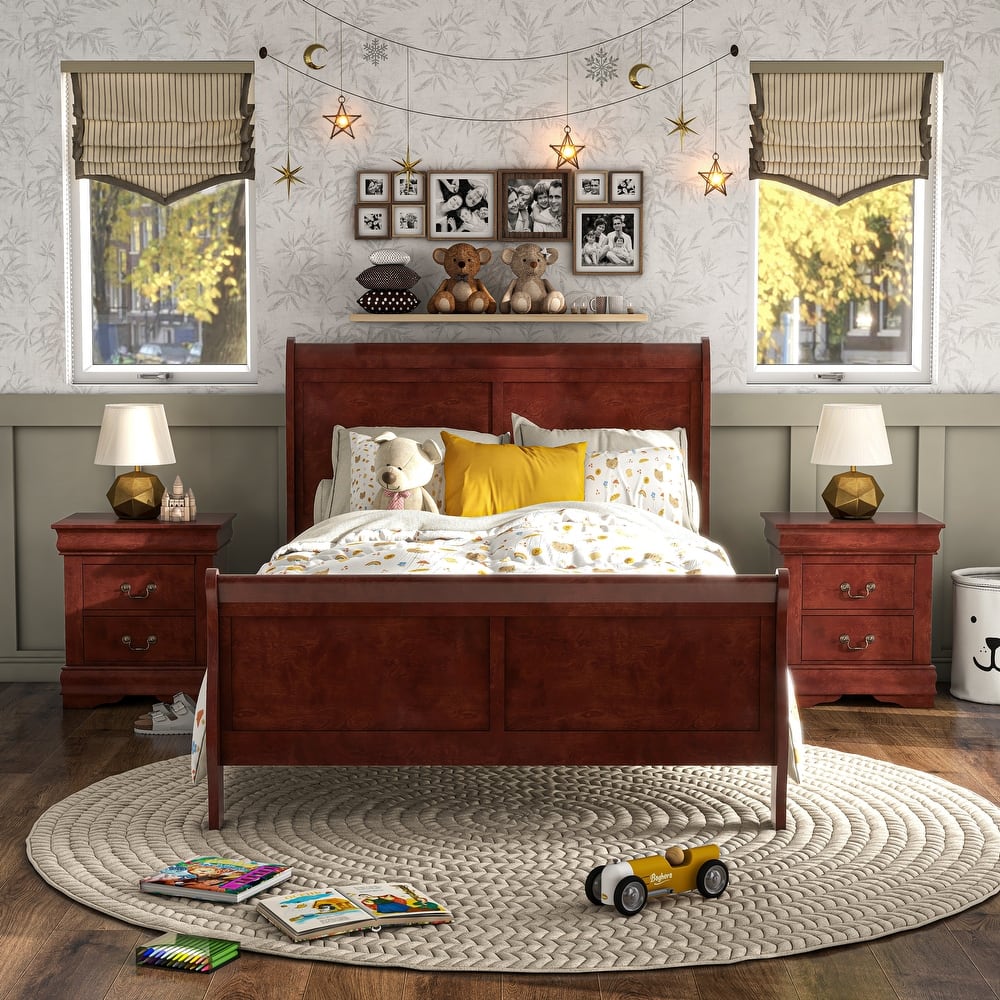 Furniture of America Mayday Traditional Kids Solid Wood 3-Piece Bed and 2 Nightstand Bedroom Set