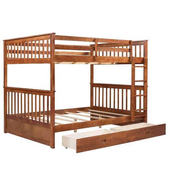 slide 2 of 50, Full Over Full Wood Bunk Bed with Build-In Ladder,Storage Drawers Under-Bed Walnut