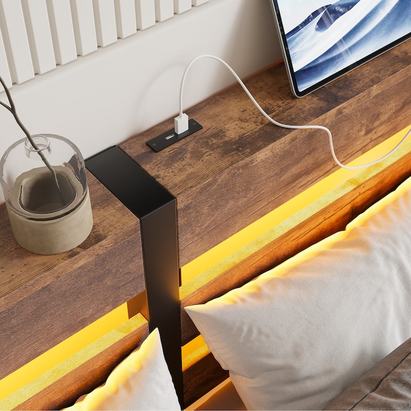Beige+Brown Full Size Metal Bed with Wooden Headboard, RGB Lights, and Storage Shelf