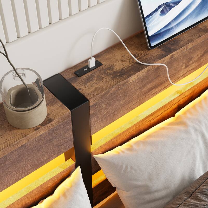 Full Size Bed Frames Rustic Brown Metal Platform Bed with RGB Lights, Charger, Storage Shelf, No Box Spring Needed