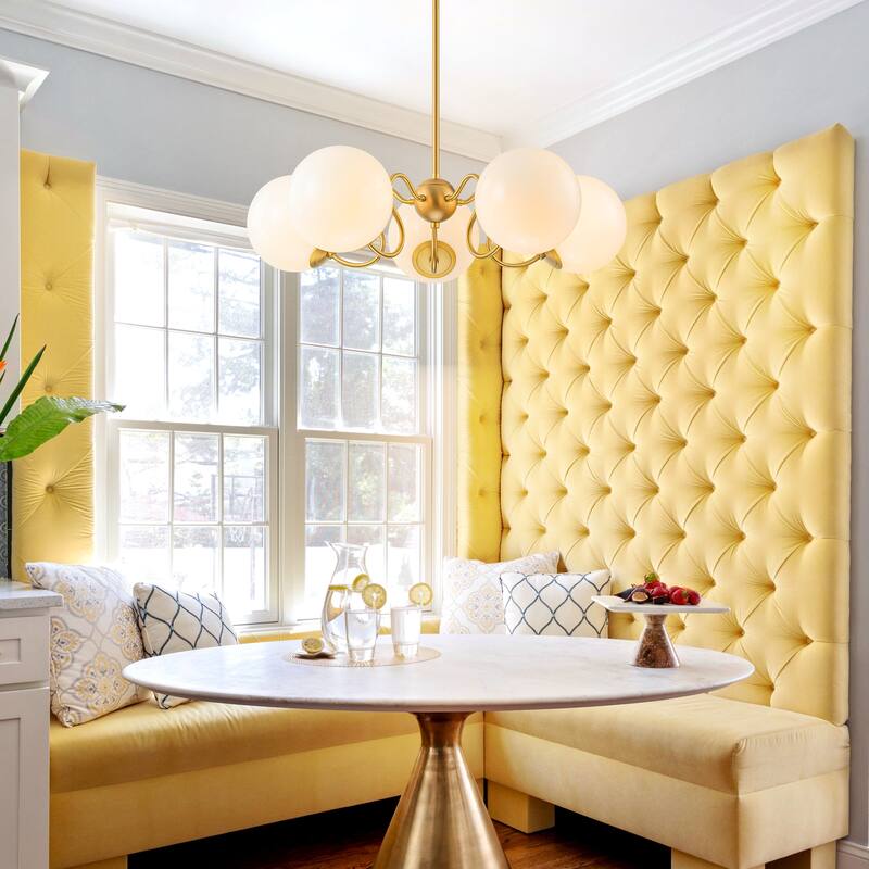 5-Light Mid-Century Modern Gold Sputnik Opal Glass Globe Bubble Chandelier for Dining Room - 27.5 in. W x 87.4 in. H