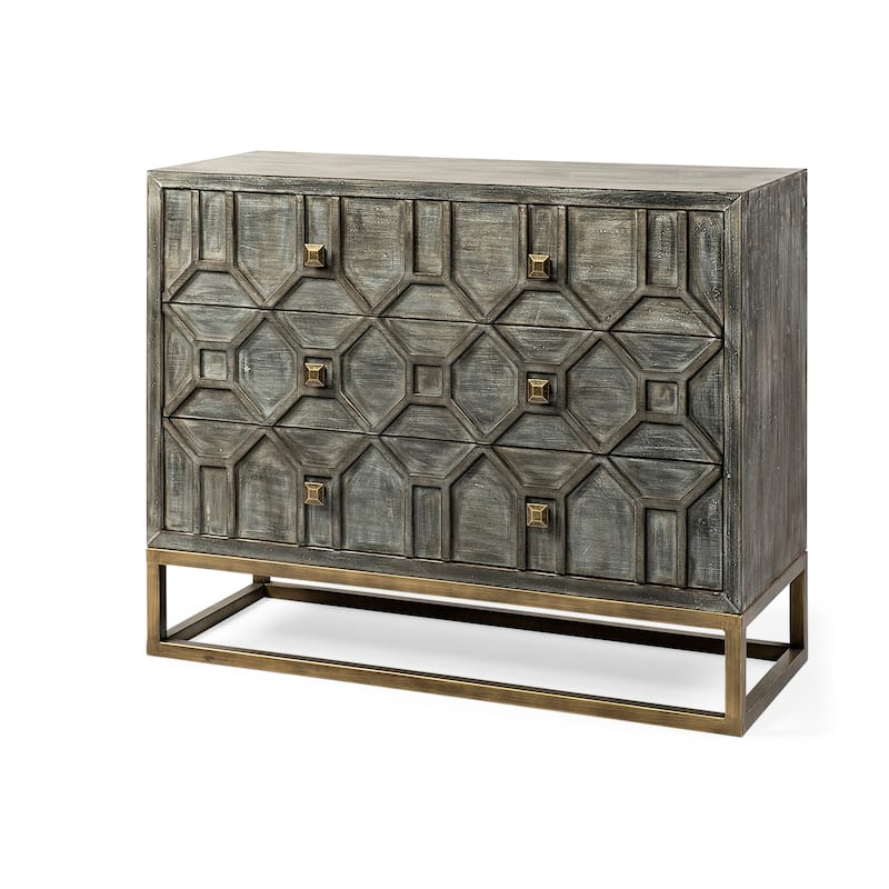 Genevieve I Gray Fir Veneer w/ Iron Frame & 3 Drawer Accent Cabinet - 39.0L x 15.7W x 30.9H - Gray